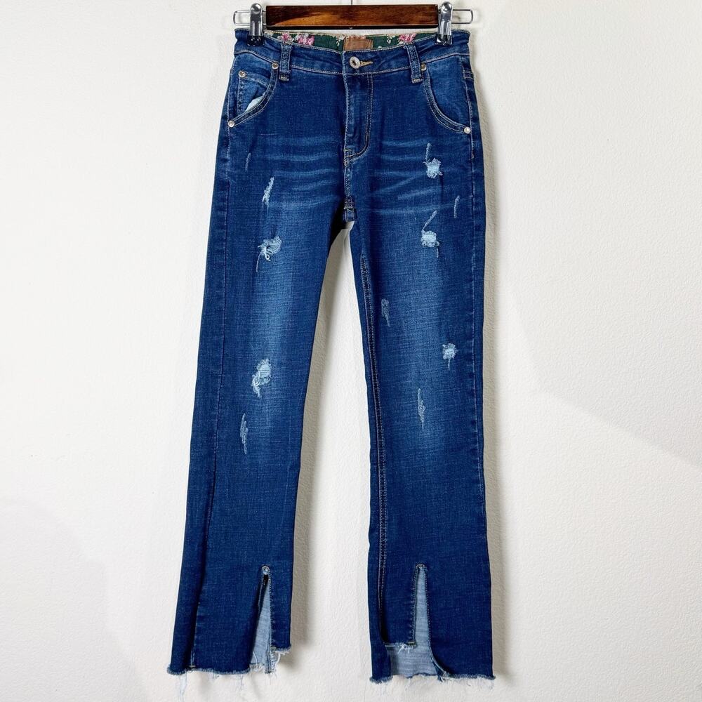 POL | NWOT distressed tapered ankle boho women's dark wash women's jeans sz S